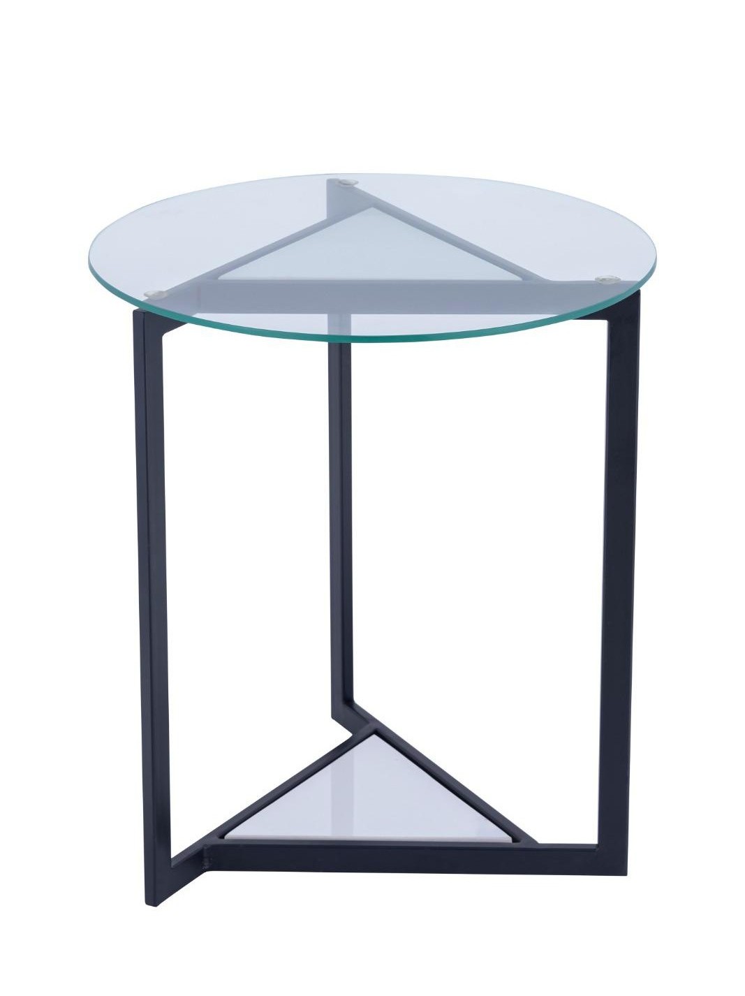 Robin – Minimalist Geometric Black Side Table with Round Glass Top and Triangle Base