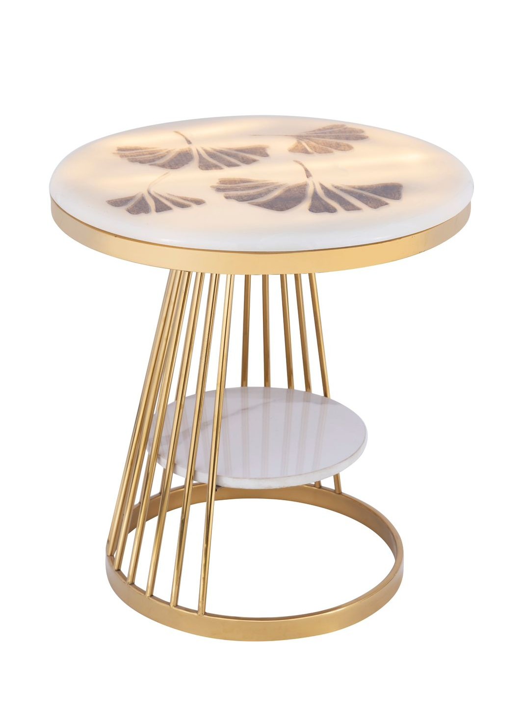 Floral – Premium Golden Round Side Table with High Gloss Marble Top and Bottom Shelf