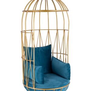 Cage Magnum – Luxury Glossy Golden Cage-Style Premium Chair with Blue Velvet Cushion & Wooden Legs