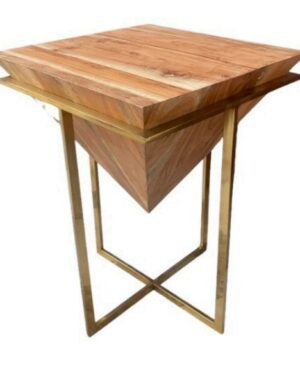 Pyramid Gold Side Table – Geometric Solid Wood Top with Glossy Gold